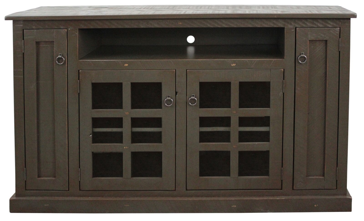 30867RGY Rustic Tall TV Stand with 3 Fixed Wood Shelves, Rustic Grey
