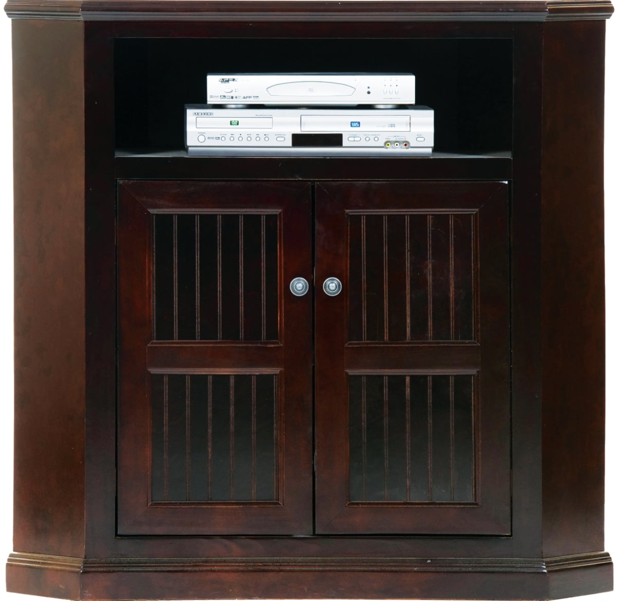 36 in. Poplar Tall Corner TV Stand with 2 Bead Board Doors, Greystone
