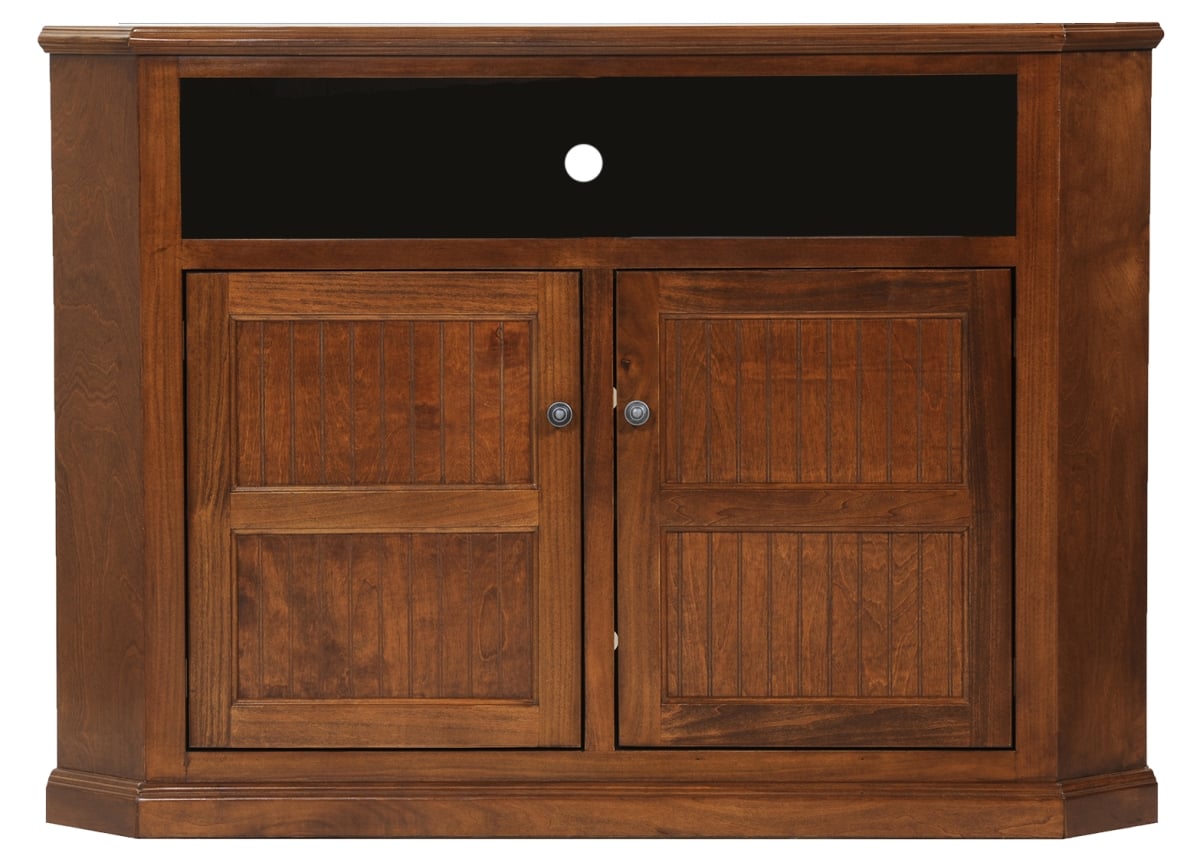 41 in. Poplar Tall Corner TV Stand with 2 Bead Board Doors, Burnt Red