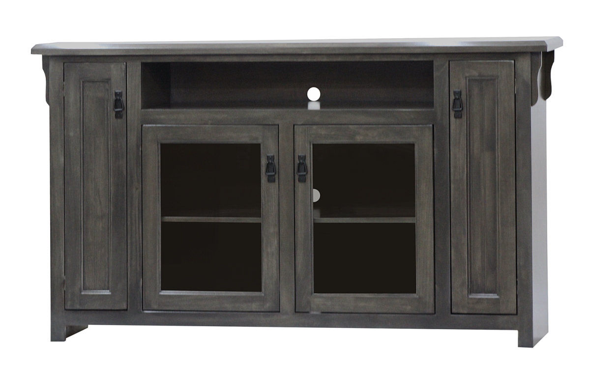 Poplar Tall TV Stand with 2 Glass Panel Doors, Grey