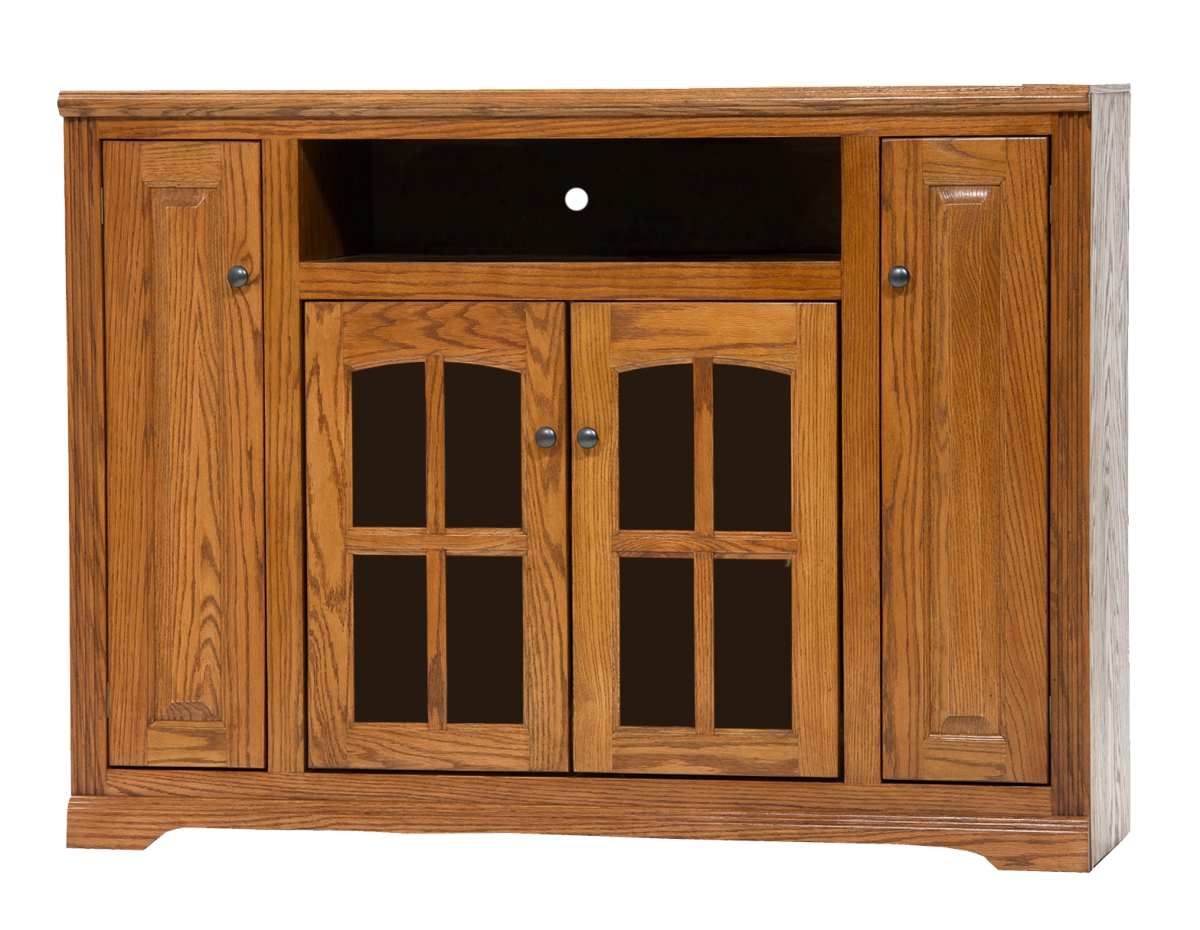 Oak Tall TV Stand with 2 Glass Panel Doors, Dark