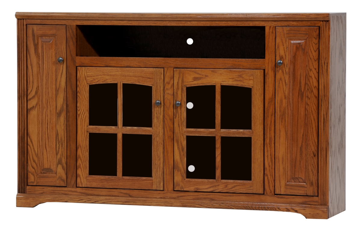 Oak Tall TV Stand with 2 Glass Panel Doors, Light