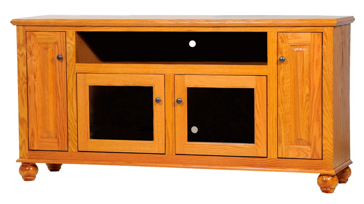 63166MD Oak Deluxe Entertainment Console with 2 Glass Panel Doors, Medium