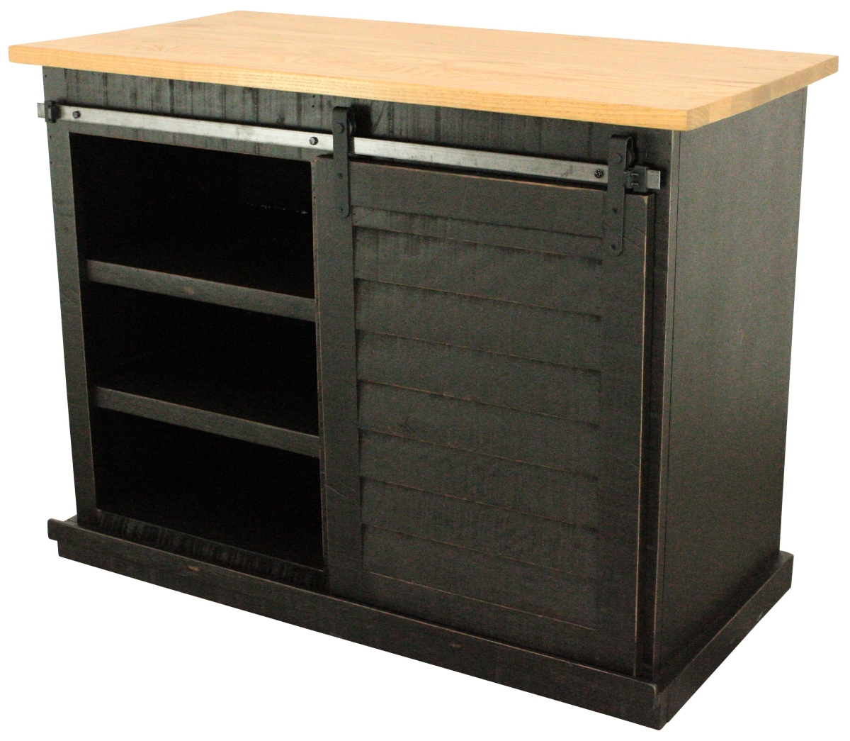 Rustic Shutter Door Kitchen Island in Rustic Antique Black with Oak Top