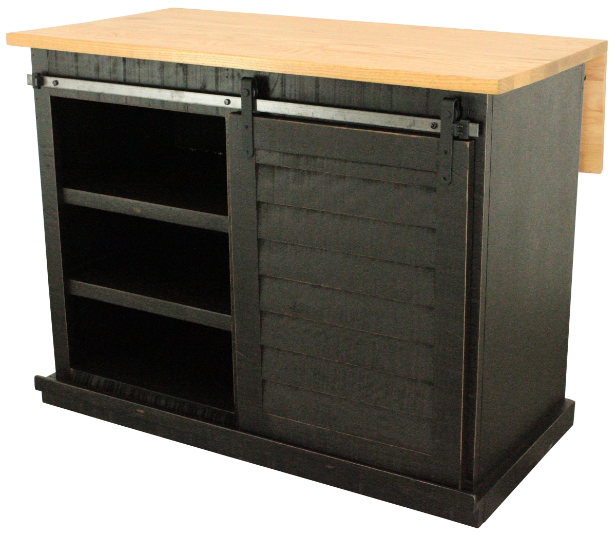 Rustic Shutter Door Kitchen Island in Rustic Antique Black with Flip Up Oak Top