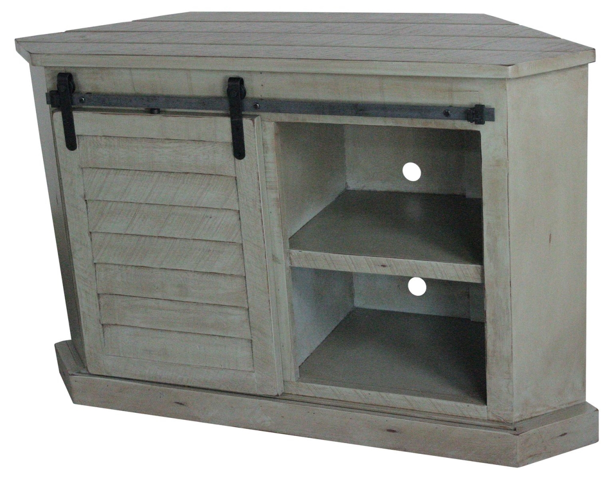 35738RLB Rustic Winsome Shutter Corner TV Stand in Rustic Light Blue