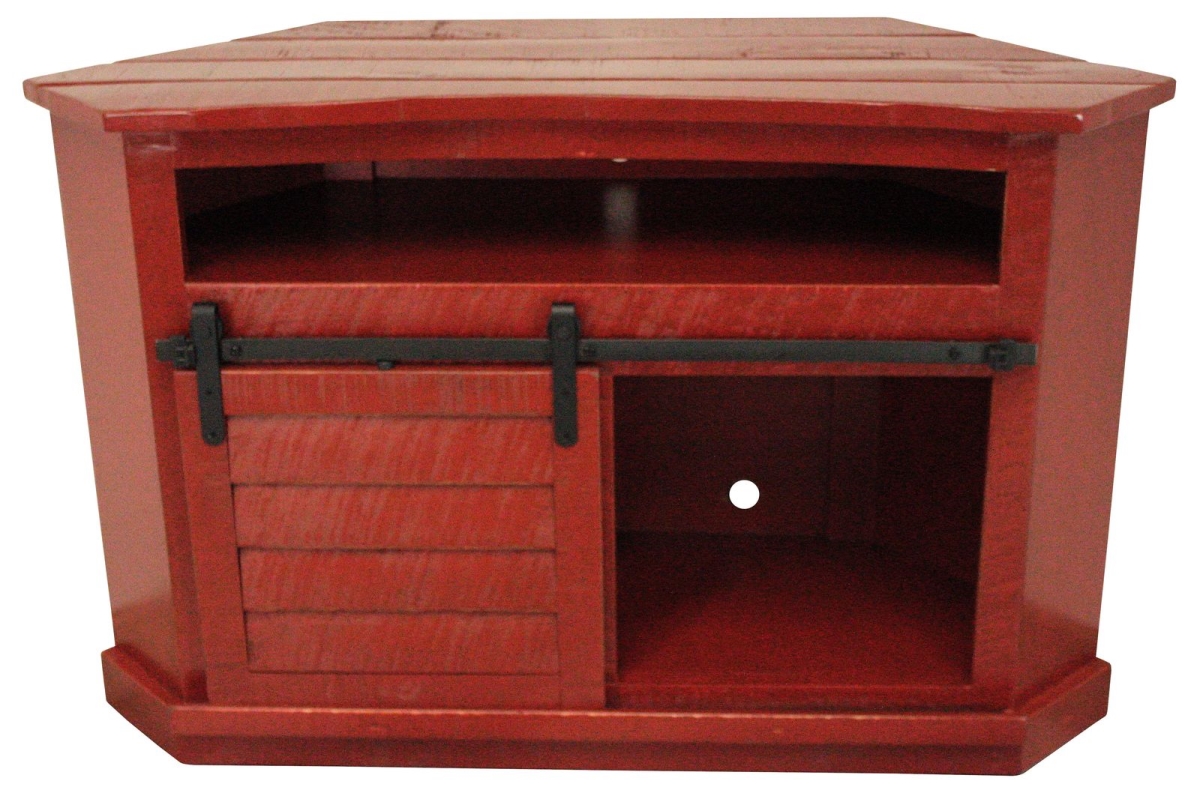 35739RR Rustic Alcove Shutter Corner TV Stand in Rustic Red