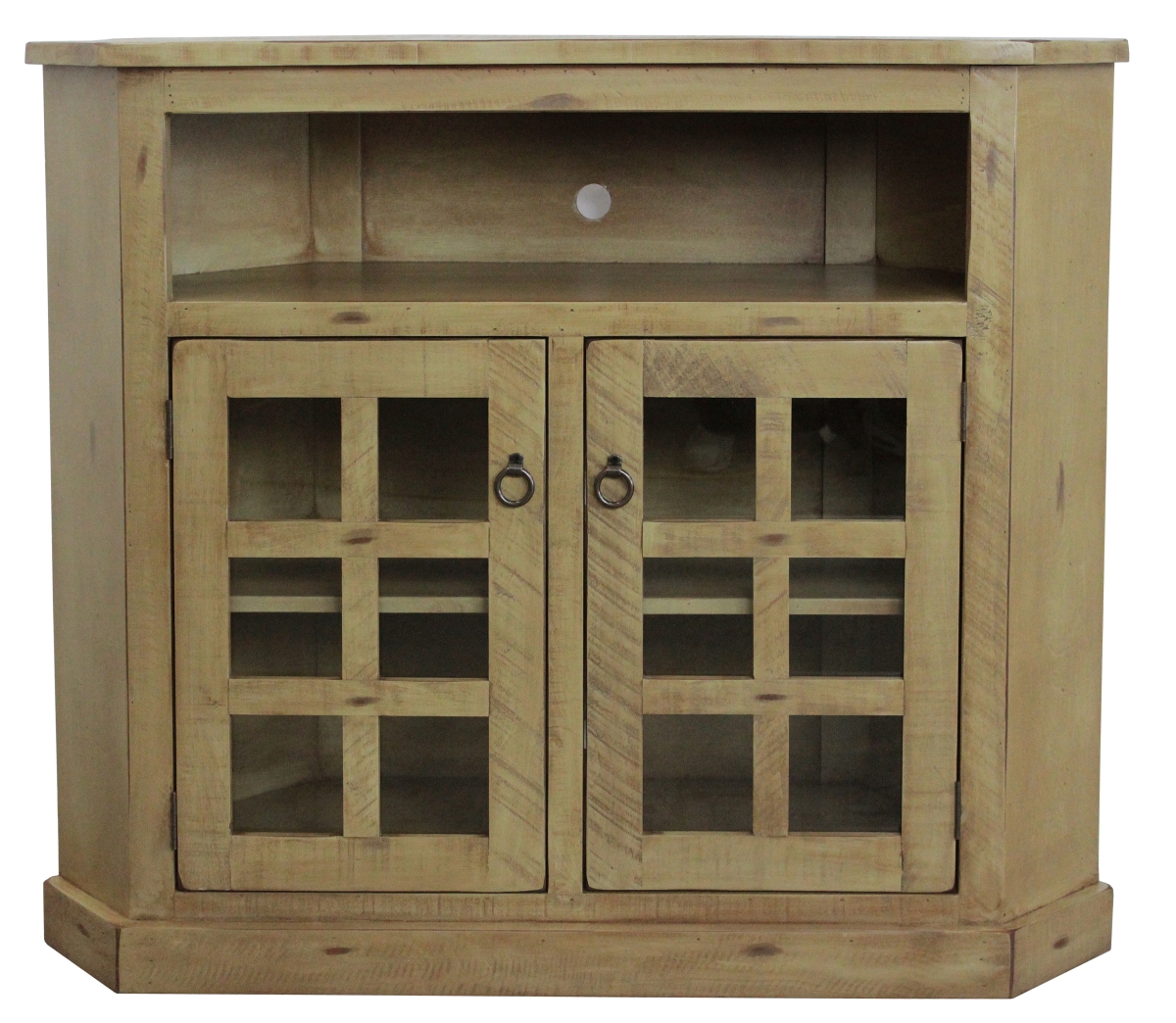 Rustic Tall Curve Corner TV Stand, Rustic Barnwood