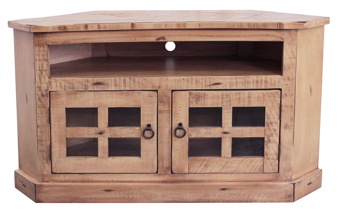 Rustic Curve Corner TV Stand with 2 Glass Panel Doors, Dark Blue