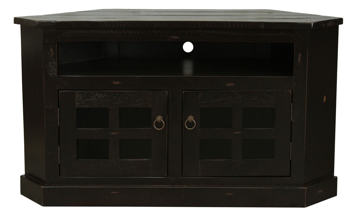 Rustic Curve Corner TV Stand with 2 Glass Panel Doors, Rustic Antique Black