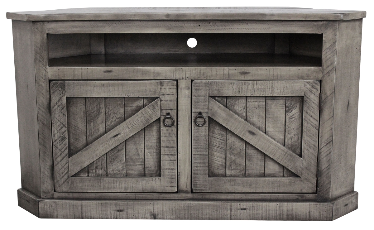 30744RBWRD Rustic Curve Corner TV Stand with 2 Rustic Panel Doors, Rustic Barnwood