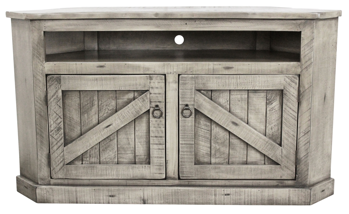 Rustic Curve Corner TV Stand with 2 Rustic Panel Doors, Rustic Dark Blue