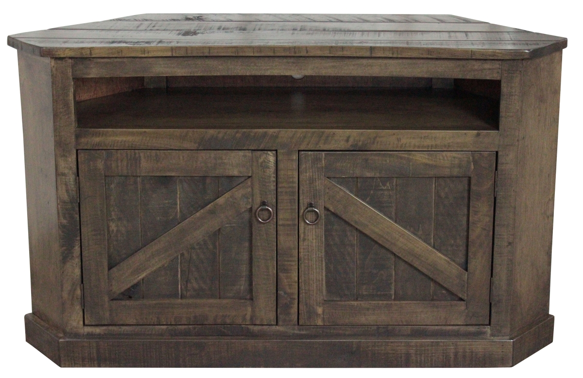 Rustic Curve Corner TV Stand with 2 Rustic Panel Doors, Rustic Driftwood