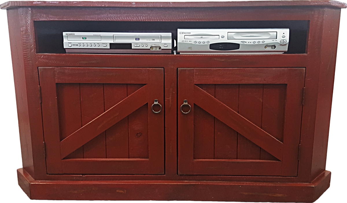 Rustic Curve Corner TV Stand with 2 Rustic Panel Doors, Rustic Red