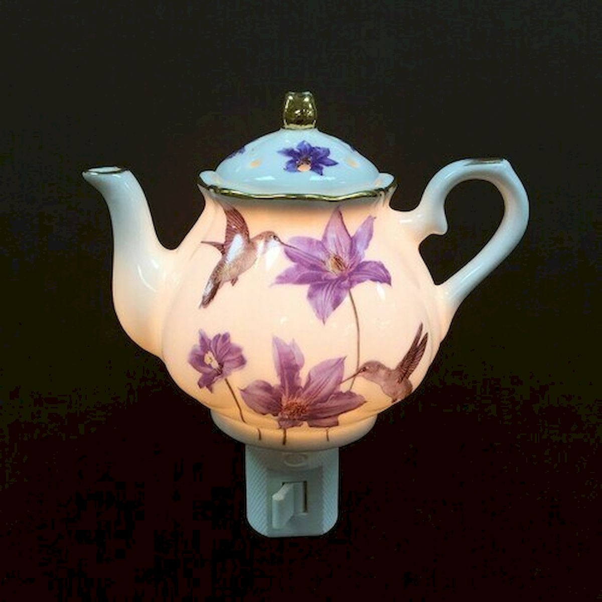 Picture of Mr. MJs HO-HNL1918 Hummingbird At Purple Flowers on A Teapot Shaped Night Light