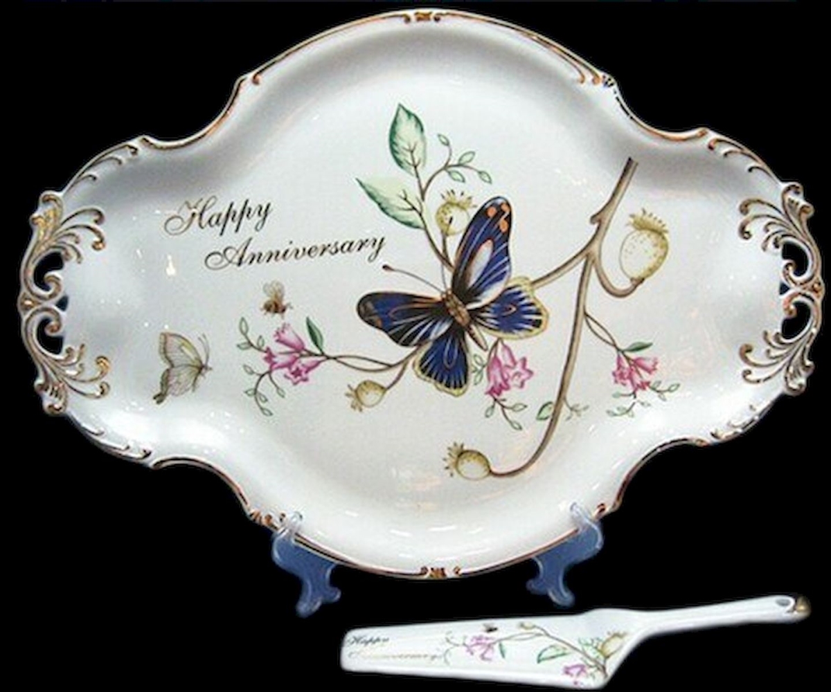 HO-TR141-HV Happy Anniversary Butterflies on Branches Cake Server & Cake Platter