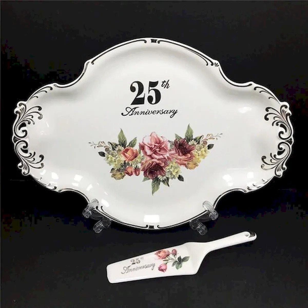 25Th Anniversary, Roses, Cake Server & Cake Platter
