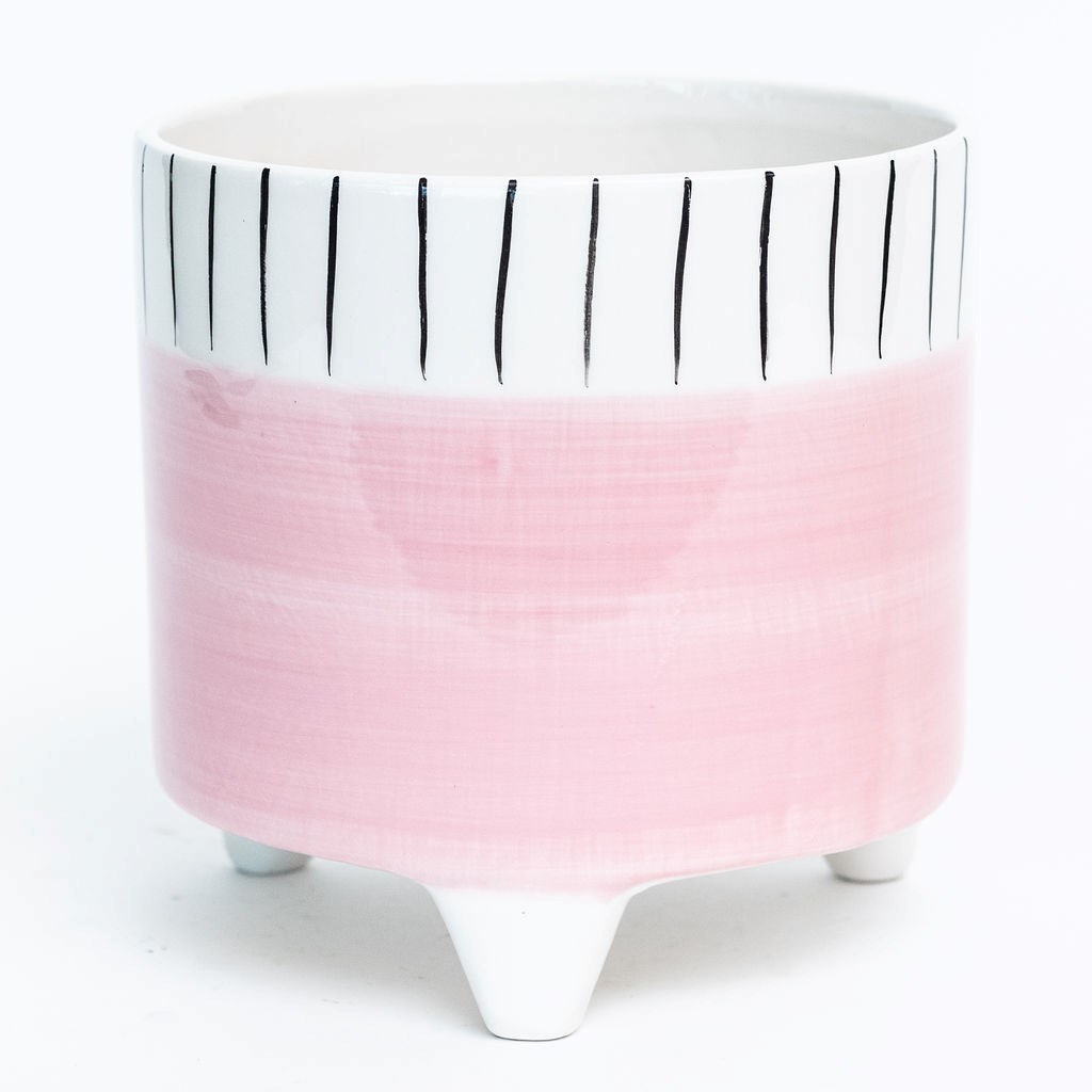 Footed Pink with Black & White Striped Rim Planter