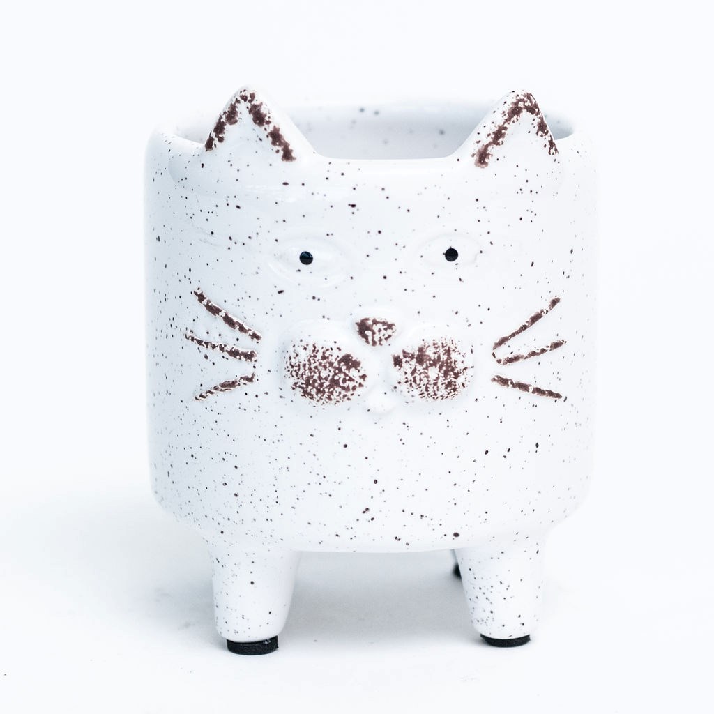 Footed White Speckled Cat Planter