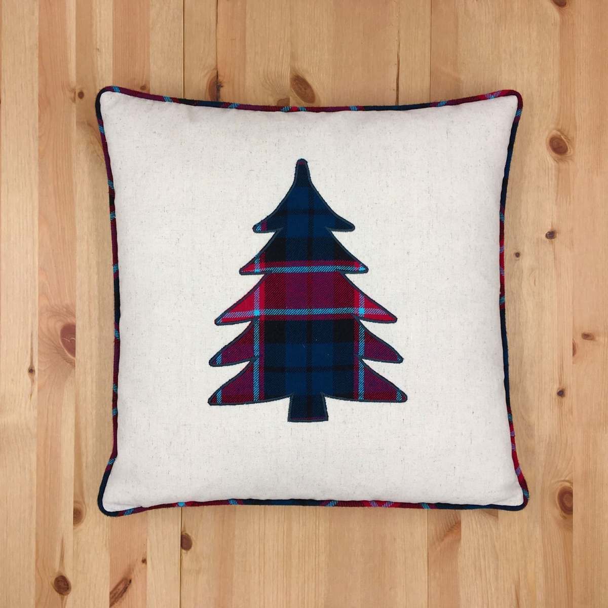 Picture of HUI Home HH-HS1818TR02OP 18 x 18 in. Plaid Applique Christmas Tree Pillow with Polyester Insert&#44; Blue&#44; Red & Green