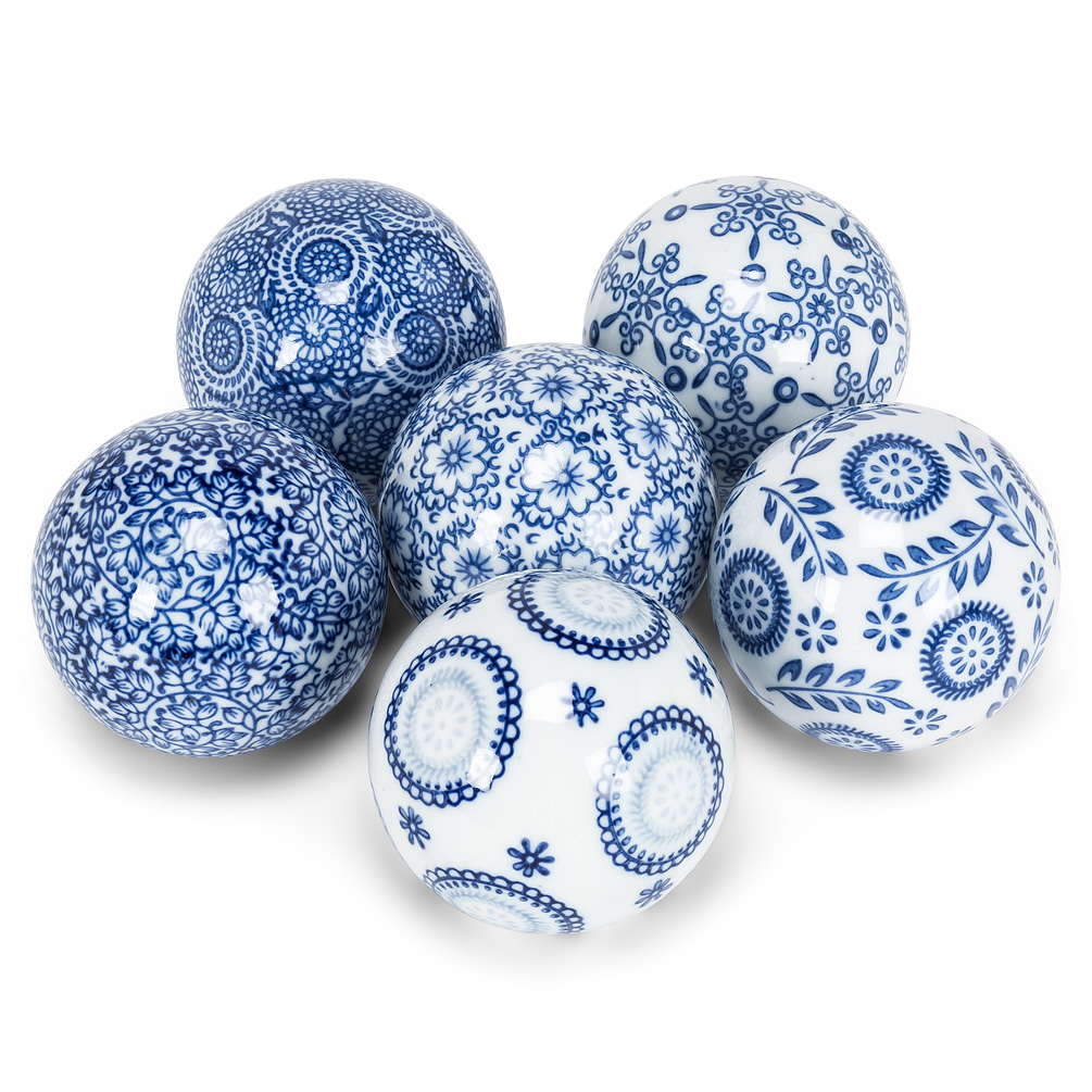 3 in. Assorted Styles Ball Decorations, Blue & White - Set of 6