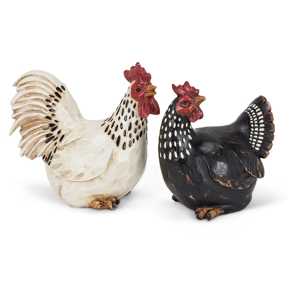 Sitting Rooster & Hen Decor - Antique Black & White - Set of 2 - Vintage Style