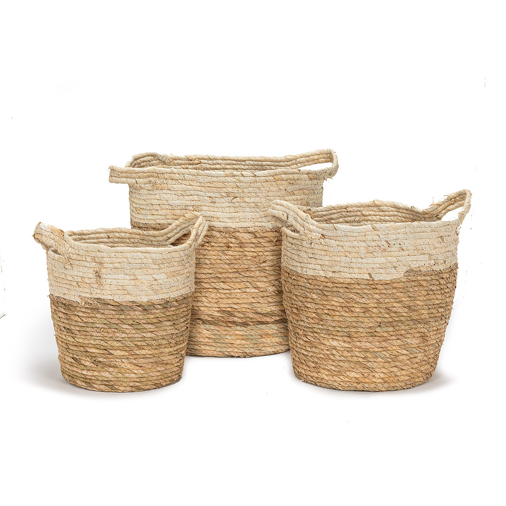 Picture of Abbott Collections AB-27-GLOBAL-051 10-14 in. Side Handled Baskets&#44; Natural & White - Set of 3