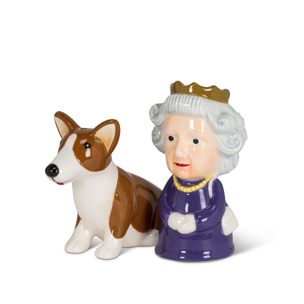 Picture of Abbott Collections AB-27-KITSCH-303 3.5 in. Queen & Corgi Salt & Pepper, Purple & Brown