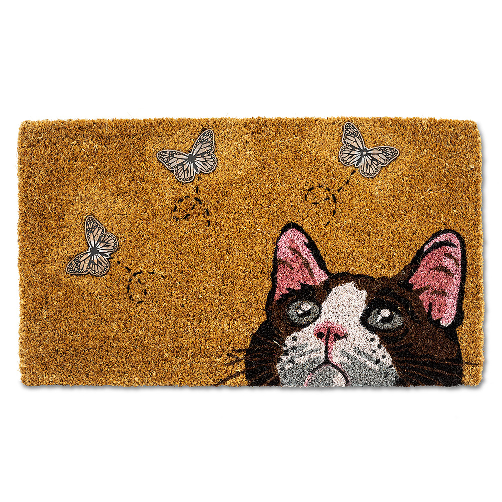 Picture of Abbott Collections AB-35-RFW-6523 18 x 30 in. Cat with Butterflies Doormat&#44; Natural