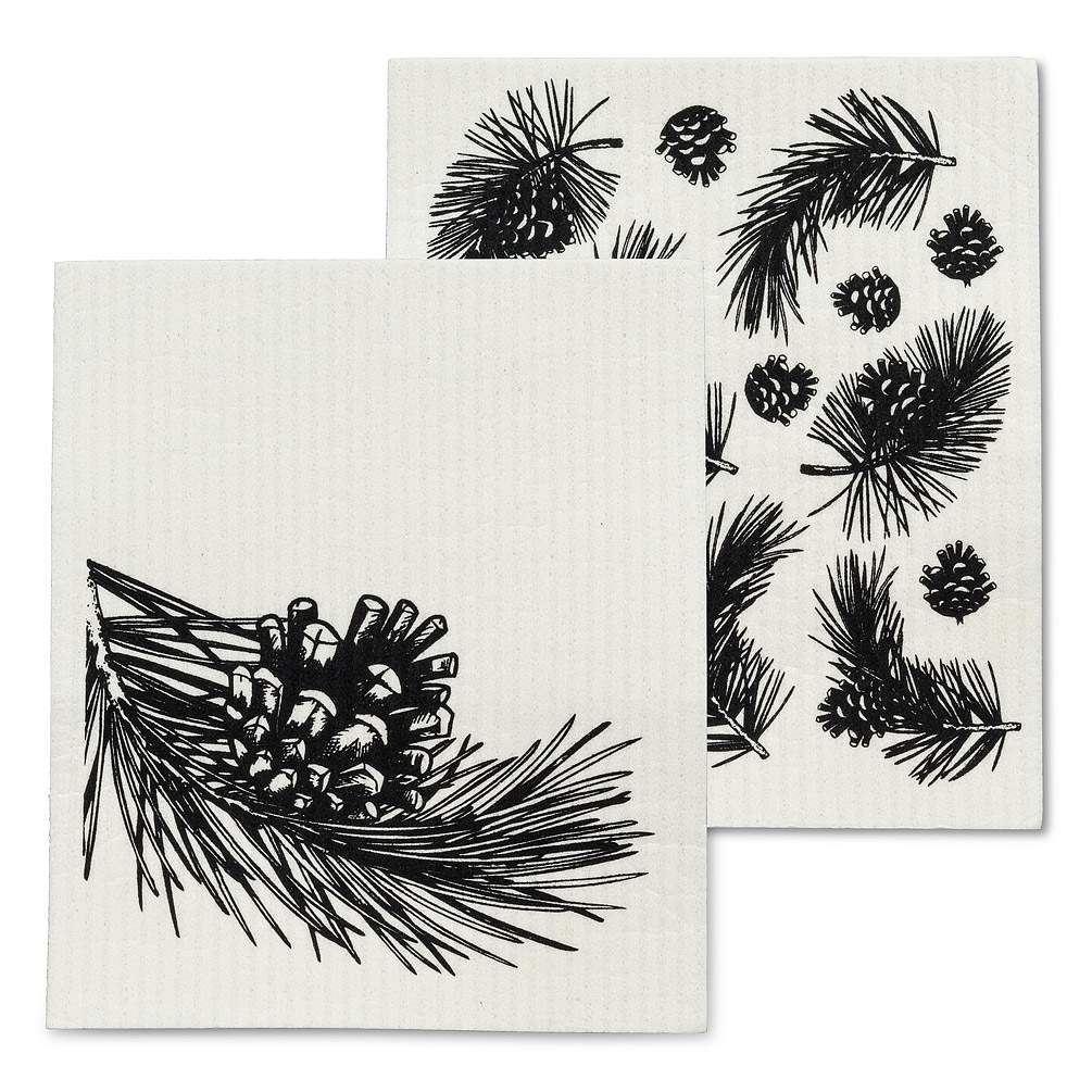 Picture of Abbott Collections AB-84-ASD-PINE Pinecone & Branch Dish Cloths&#44; Ivory & Black - Set of 2