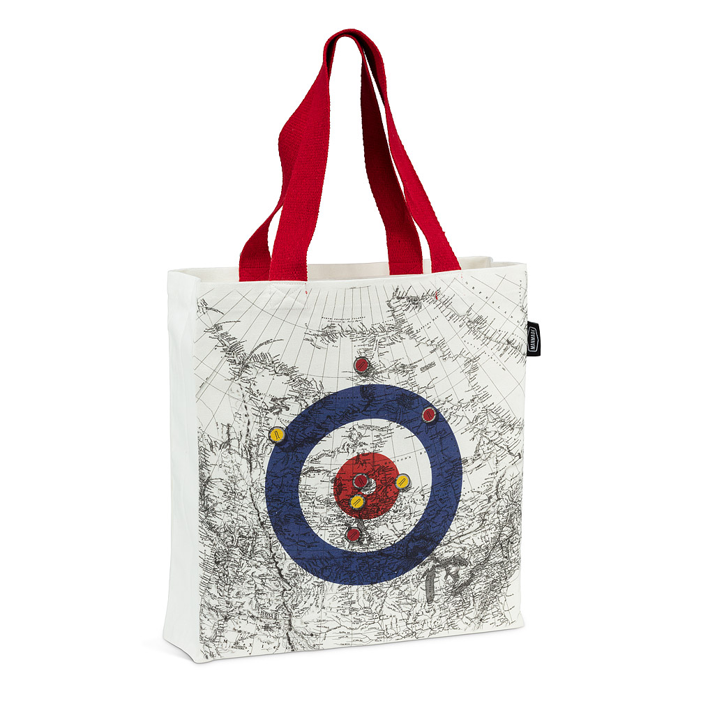 Picture of Abbott Collections AB-1356-CURLING-TOTE 15 x 16 in. Curling House & Canada Map Tote Bag&#44; White & Bue