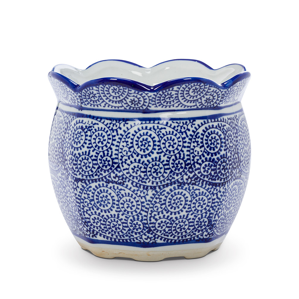 7 in. Scallop Edge Planter, Blue & White
