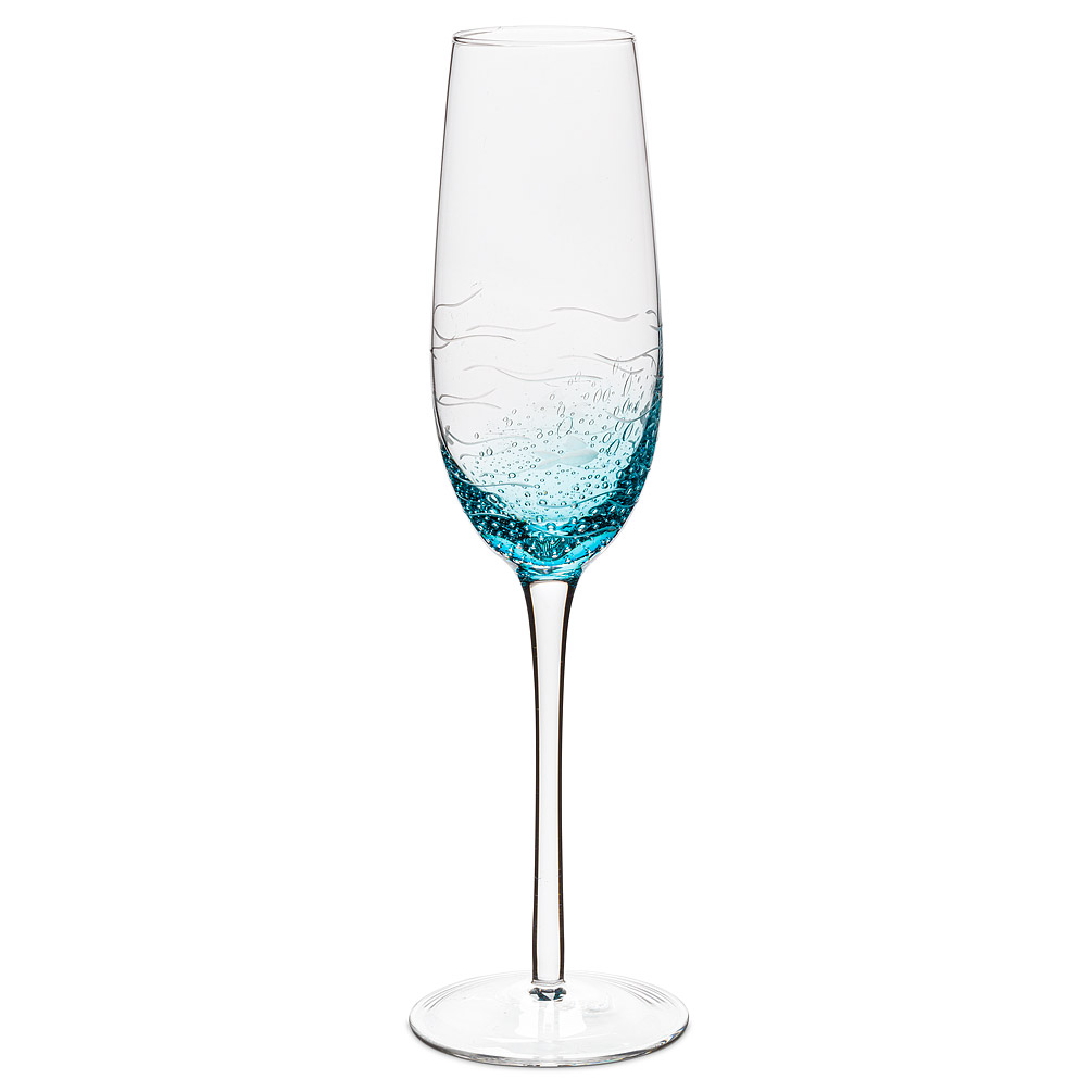 Picture of Abbott Collections AB-27-SARDINIA-FLUTE 10 in. Fish Cut Seeded Glass Goblet&#44; Aqua Blue & Clear - Set of 4