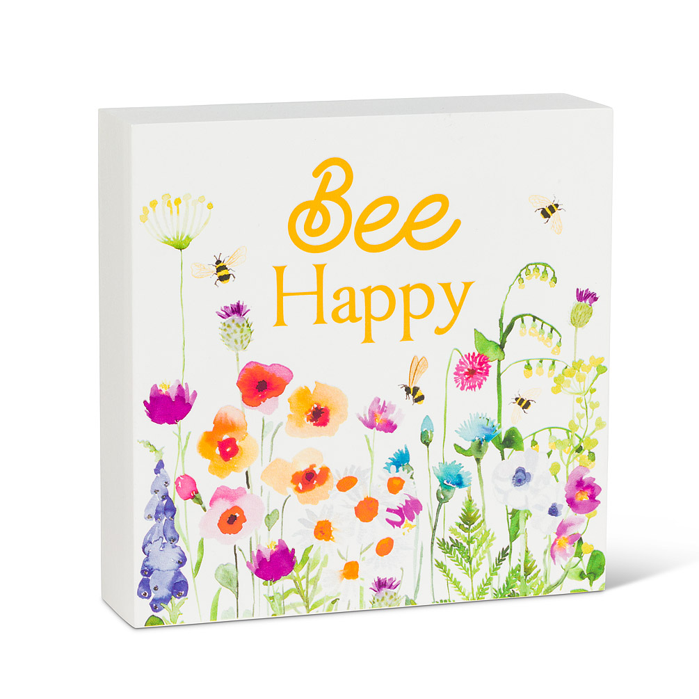 Picture of Abbott Collections AB-27-GARDEN-BLOCK 6 in. Bee Happy Bees in The Garden Block Sign&#44; White & Multi Color