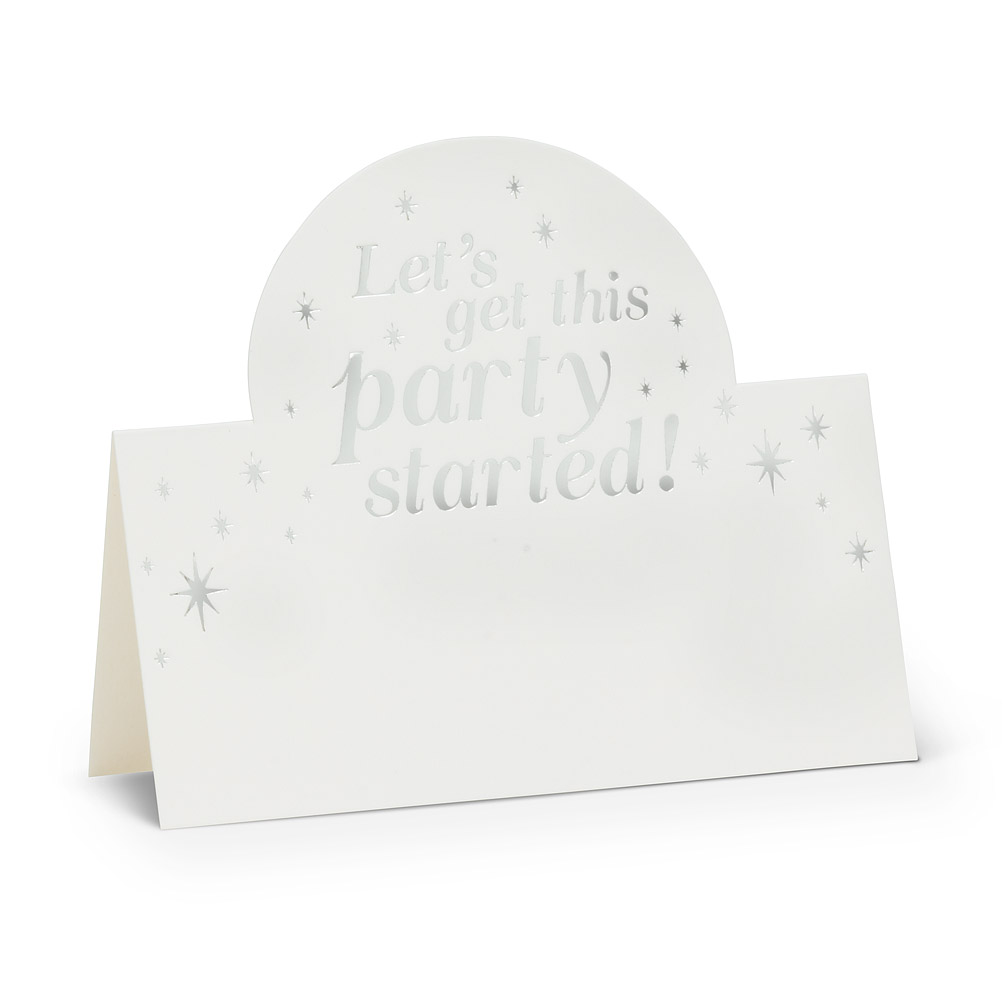 Picture of Abbott Collections AB-27-FOLD-PARTY-SIL 2.5 x 3 in. Lets Get This Party Started Silver Writing Folded Place Cards&#44; White & Silver - Set of 12