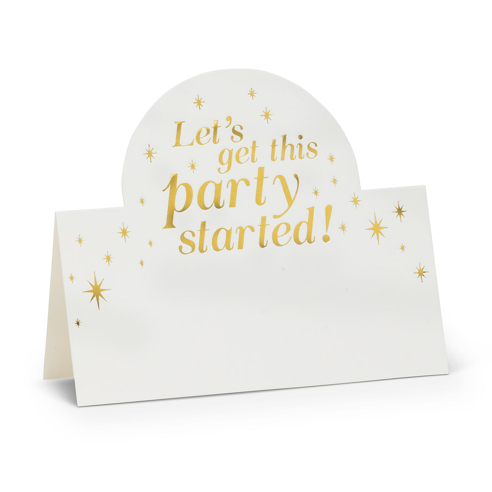 Picture of Abbott Collections AB-27-FOLD-PARTY-GOLD 2.5 x 3 in. Lets Get This Party Started Gold Writing Folded Place Cards&#44; White & Gold - Set of 12