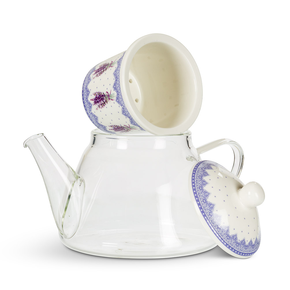 Picture of Abbott Collections AB-27-VALENSOLE-POT 4 in. Lavender Teapot & Strainer&#44; White & Purple - 3 Piece