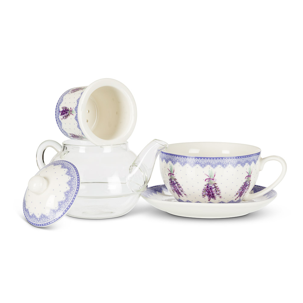 Picture of Abbott Collections AB-27-VALENSOLE-T41 5 in. Lavender Tea Pot for One&#44; White & Purple - 5 Piece