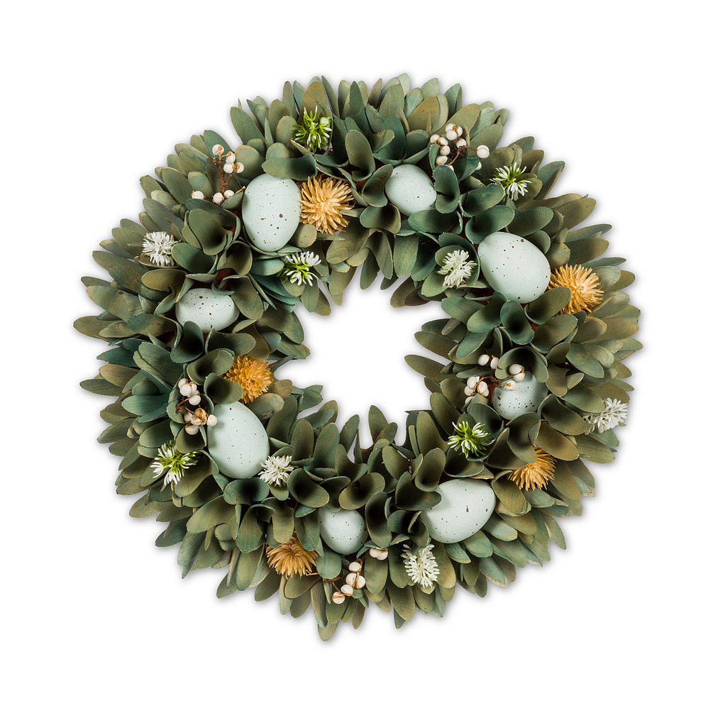 Picture of Abbott Collections AB-27-CADBURY-521 13 in. Speckled Blue Eggs with Florettes & Blooms Wreath&#44; Multi Color & Green