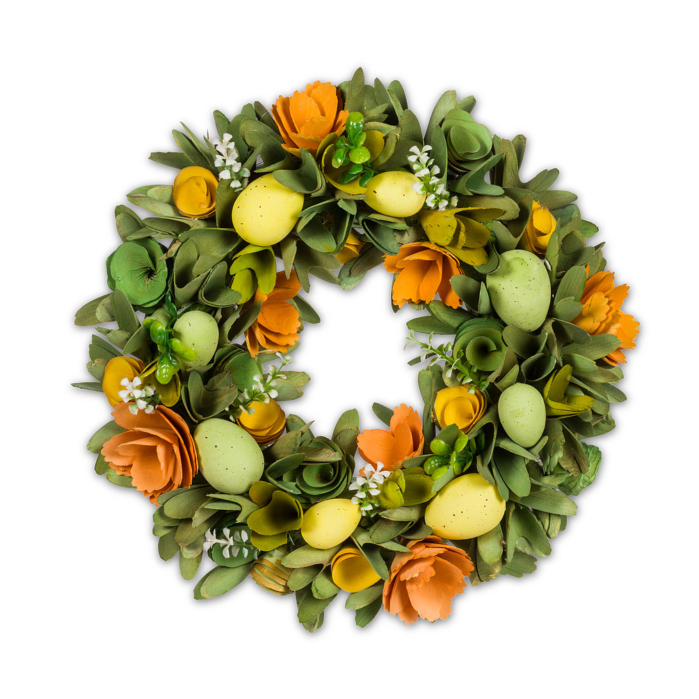 Picture of Abbott Collections AB-27-CADBURY-351 13 in. Specked Yellow & Green Eggs with Orange Flowers & Leaves Wreath&#44; Yellow & Orange