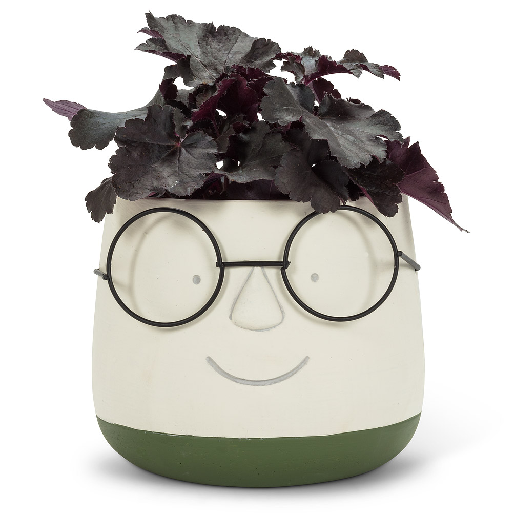 6 in. Face Planter with Glasses, Ivory & Green - Large