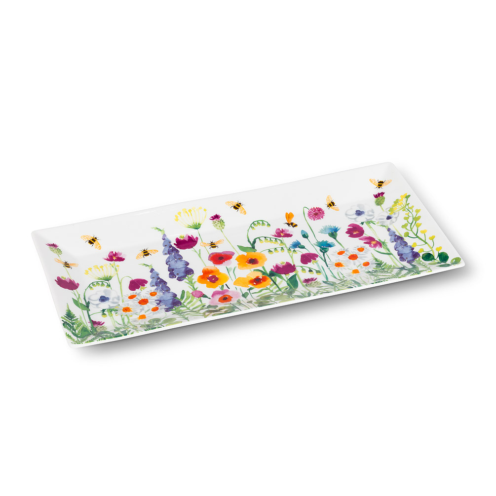 Picture of Abbott Collections AB-27-GARDEN-PLAT 4.5 x 12 in. Bees in The Garden Rectangular Platter&#44; White & Multi Color