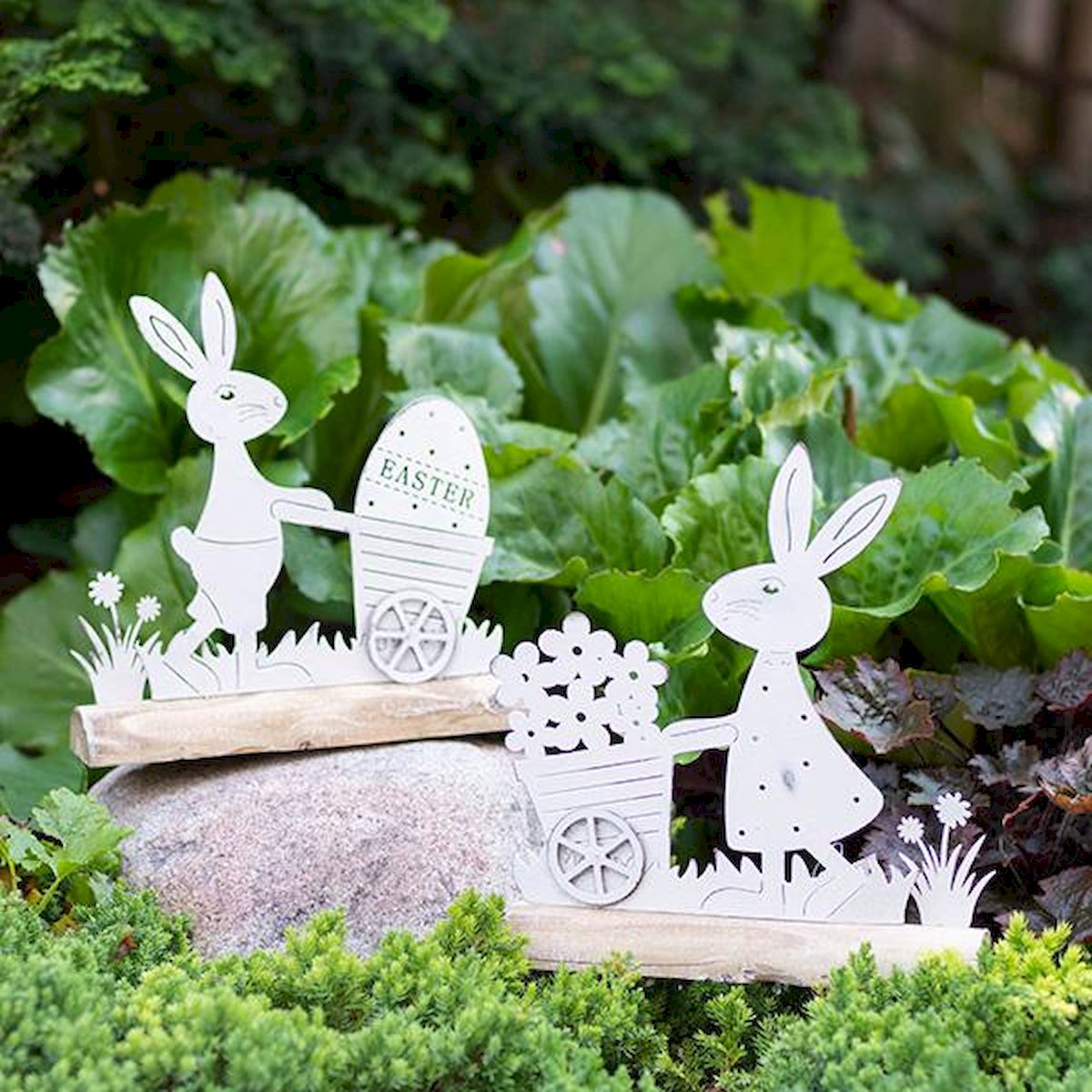 FP-HUS-340 White Metal Bunnies Pushing Easter Carts Decorations - Set of 2