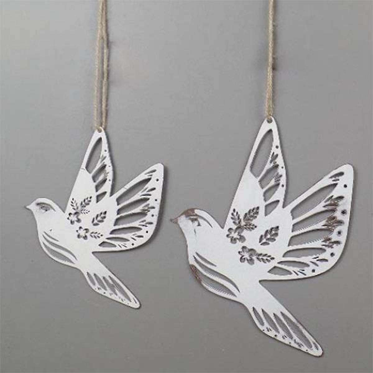 White Metal Bird Ornaments - Set of 2
