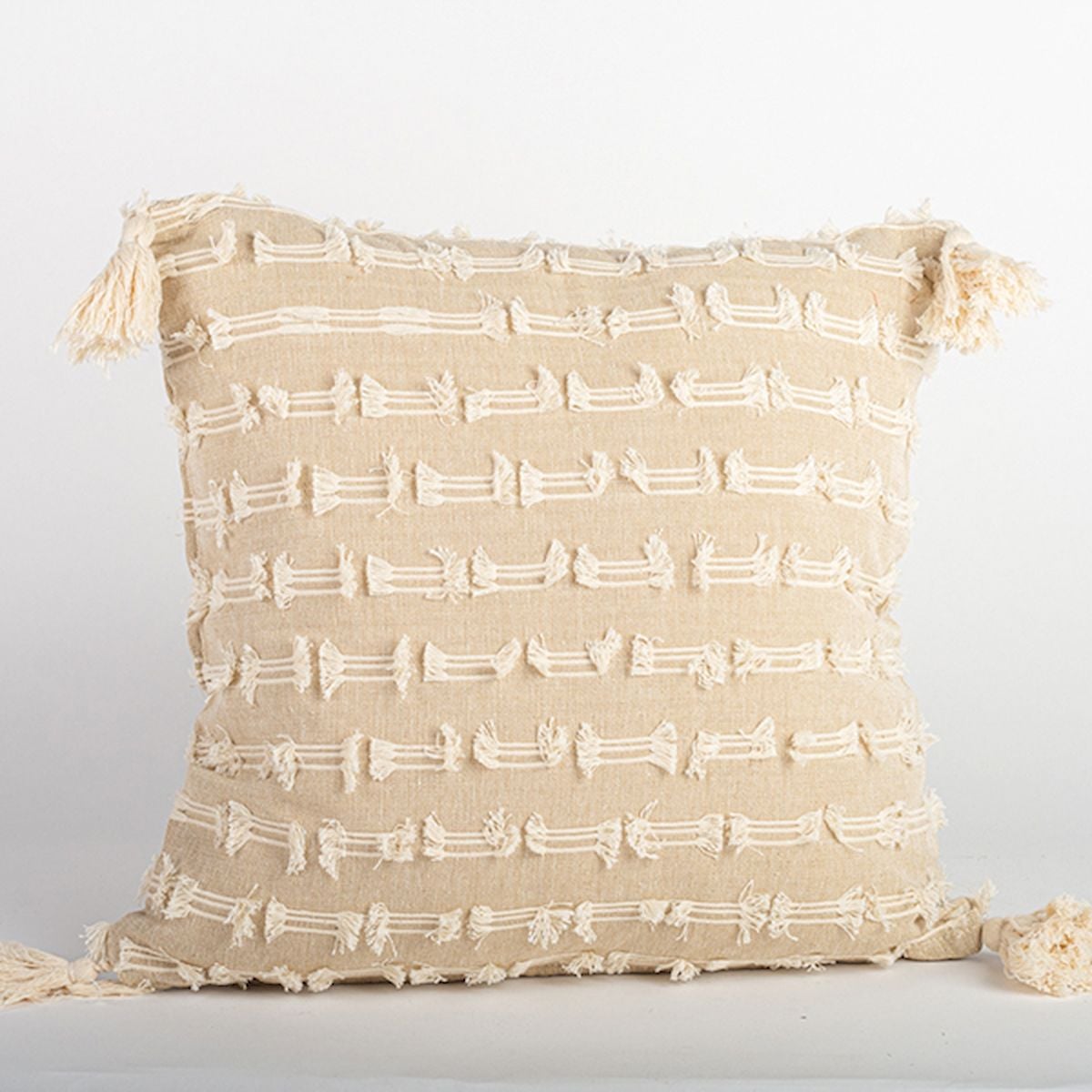 Beige Cotton Dobby with Tassels Cushion Cover