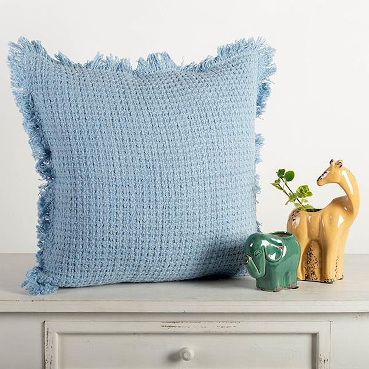 Blue Cotton Slub with Fringes Cushion Cover
