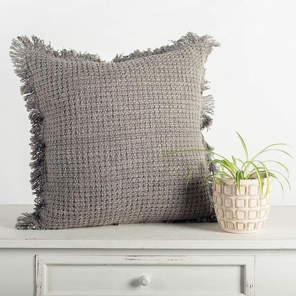 Gray Cotton Slub with Fringes Cushion Cover