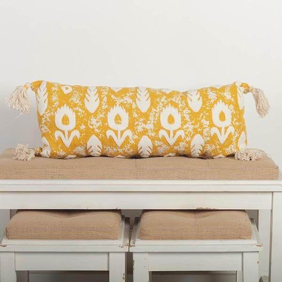 Yellow with White Flowers & Tassels Cushion Cover