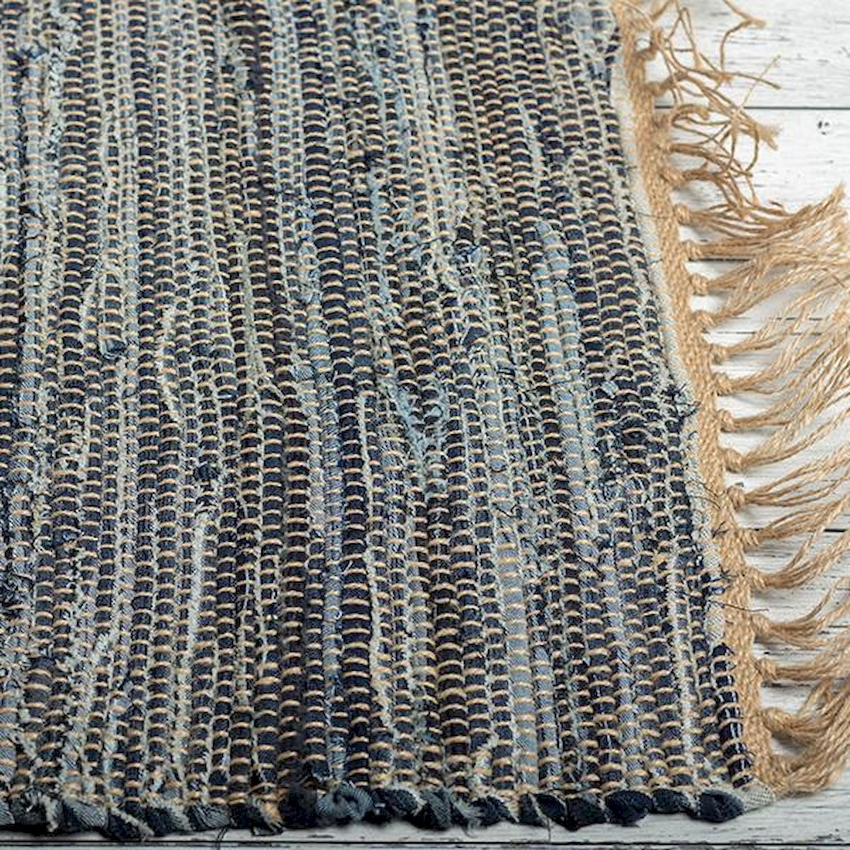 Black & Gray Jute Cotton with Brown Fringes Rug