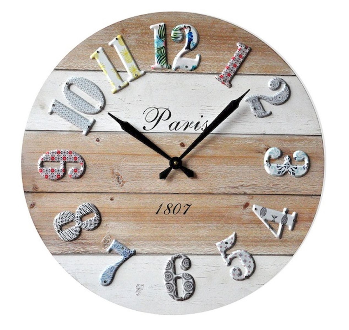 Multi Patterned Metal Popped Numbers on Wood Wall Clock